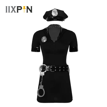 5Pcs de la Mujer de la Policía de Vestuario Cop Uniforme de Traje Corto de Mangas Bodycon Mini Vestido Con Sombrero Insignia del Cinturón Y Puños de la Policía de Cosplay Conjunto